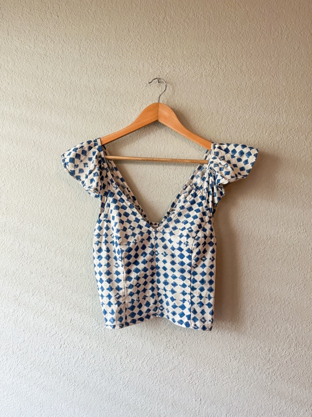 Madewell Cotton Blue Diamond Print V-Neck Women’s Top Size 2